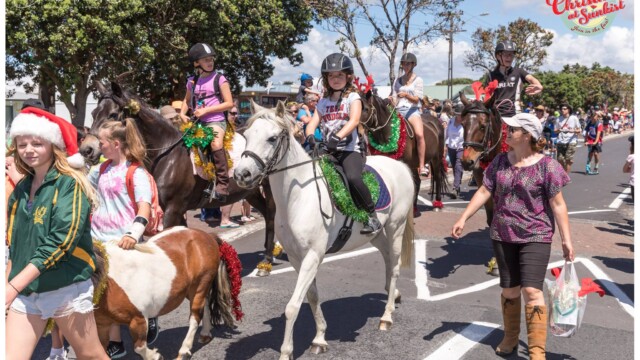 Image © Claude Thérond – used with permission Santa Parade Pohutukawa Christmas horses